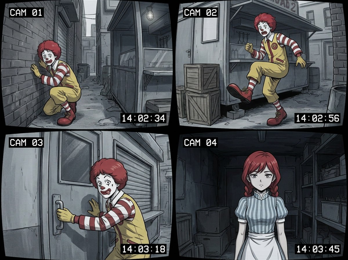Four CCTV panels showing Ronald sneaking through an alley, then Wendy waiting in the storeroom.