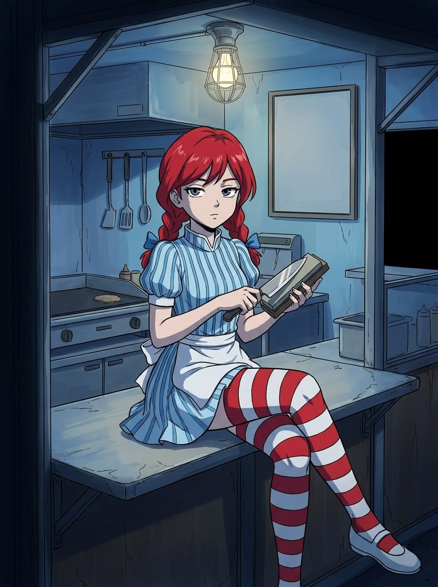 Wendy sitting on a kitchen counter sharpening a cleaver.