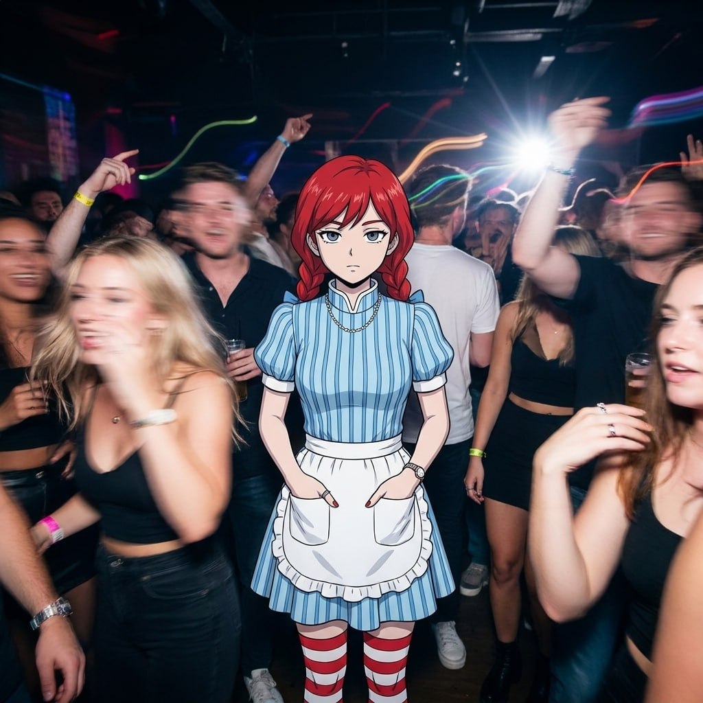 Wendy standing perfectly still and unimpressed in a packed nightclub.