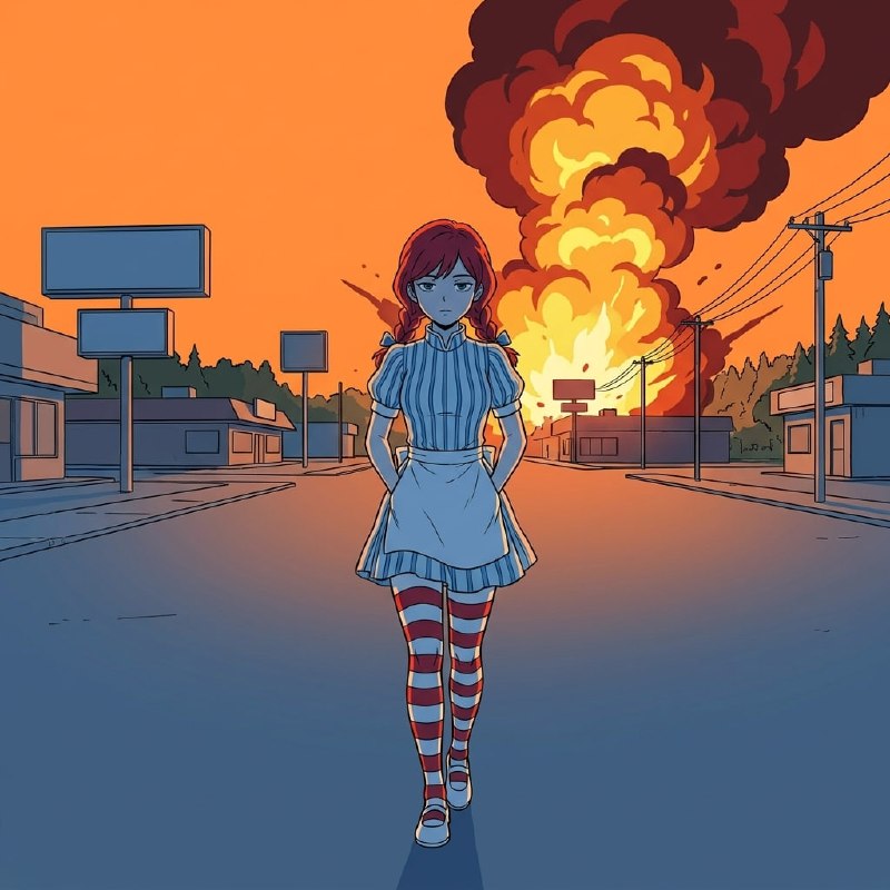 Wendy walking calmly down a street while a McDonald's burns behind her.