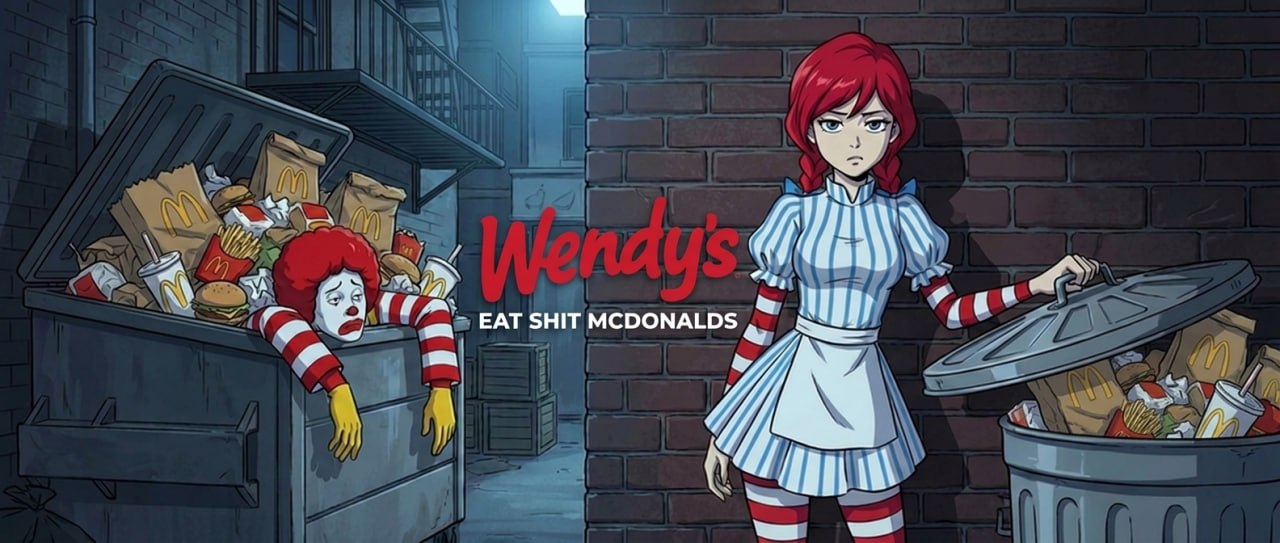 An alley: Ronald slumped in a dumpster full of McDonald's wrappers while Wendy lifts a bin lid.