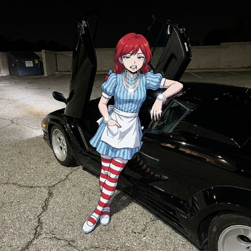 Wendy in chains and rings leaning on a black Lamborghini Countach at night.