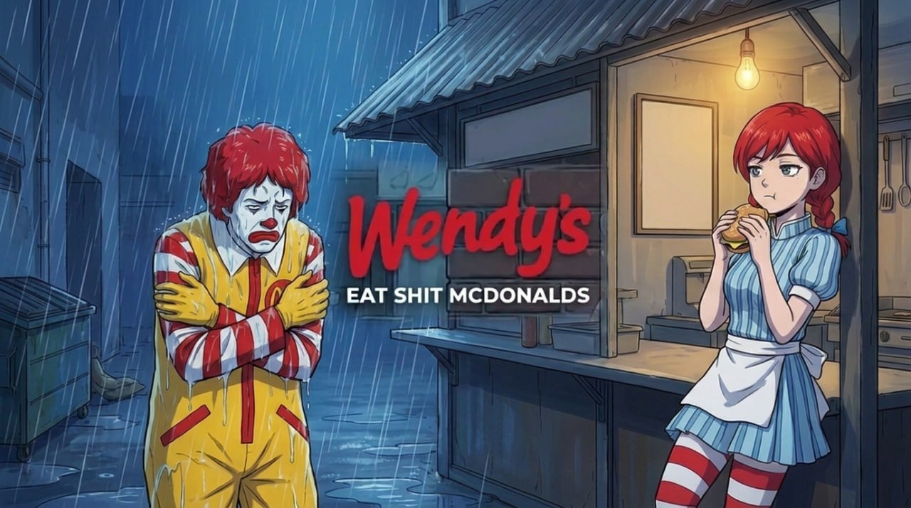 Ronald standing soaked and shivering in the rain outside Wendy's lit food stall.