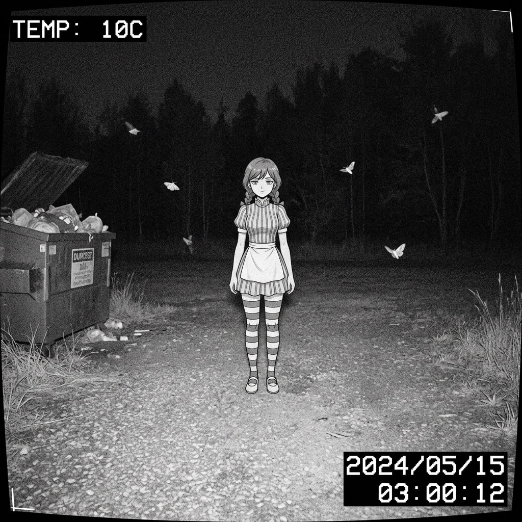 Black and white trail camera photo of Wendy standing beside a dumpster at 3am.