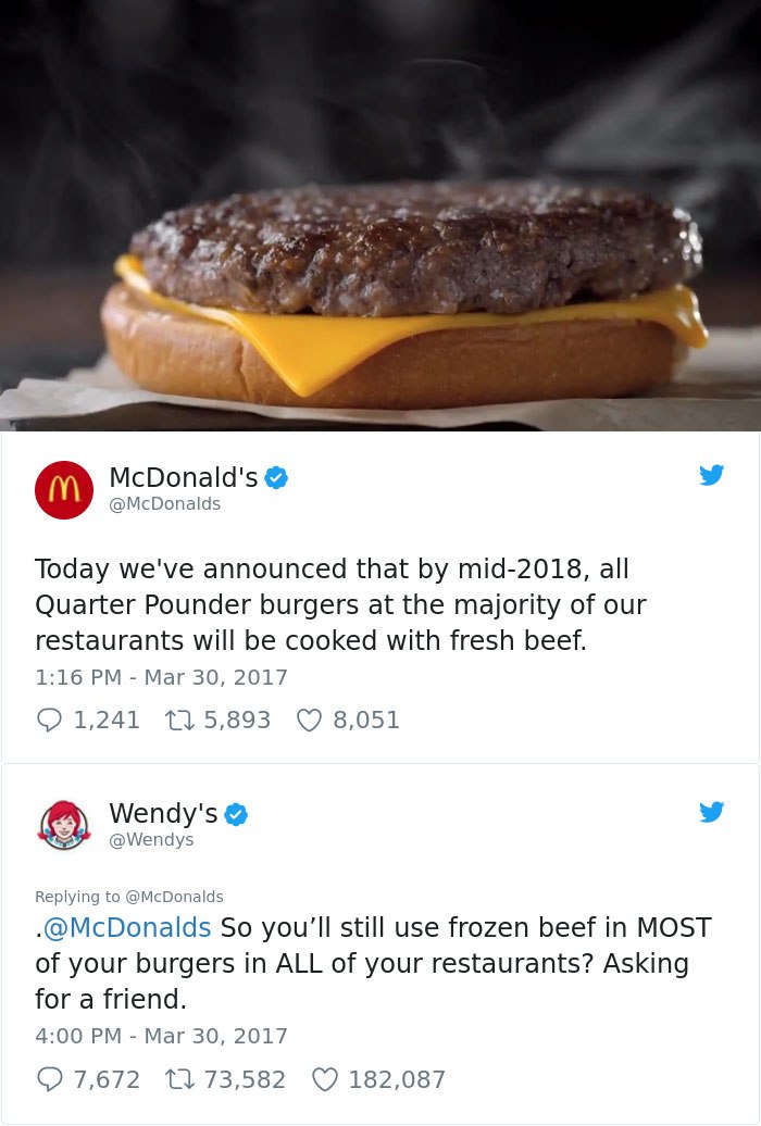 McDonald's announces fresh beef by mid-2018. Wendy's asks if that means frozen beef in most burgers in all restaurants.