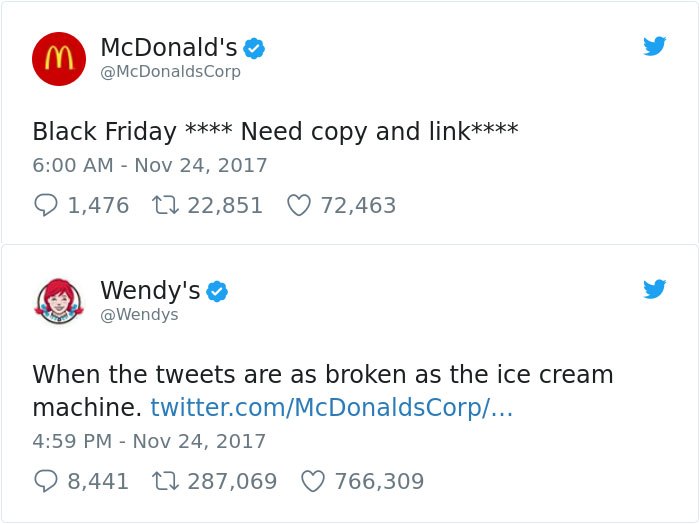McDonald's posts a broken draft tweet. Wendy's: When the tweets are as broken as the ice cream machine.